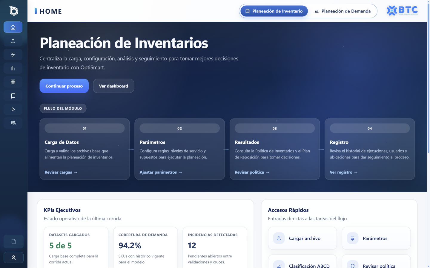 OptiSmart inventory home screen